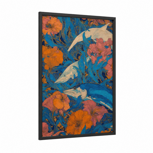 Blue Marlin Bloom framed art print — black wood frame — blue and orange palette