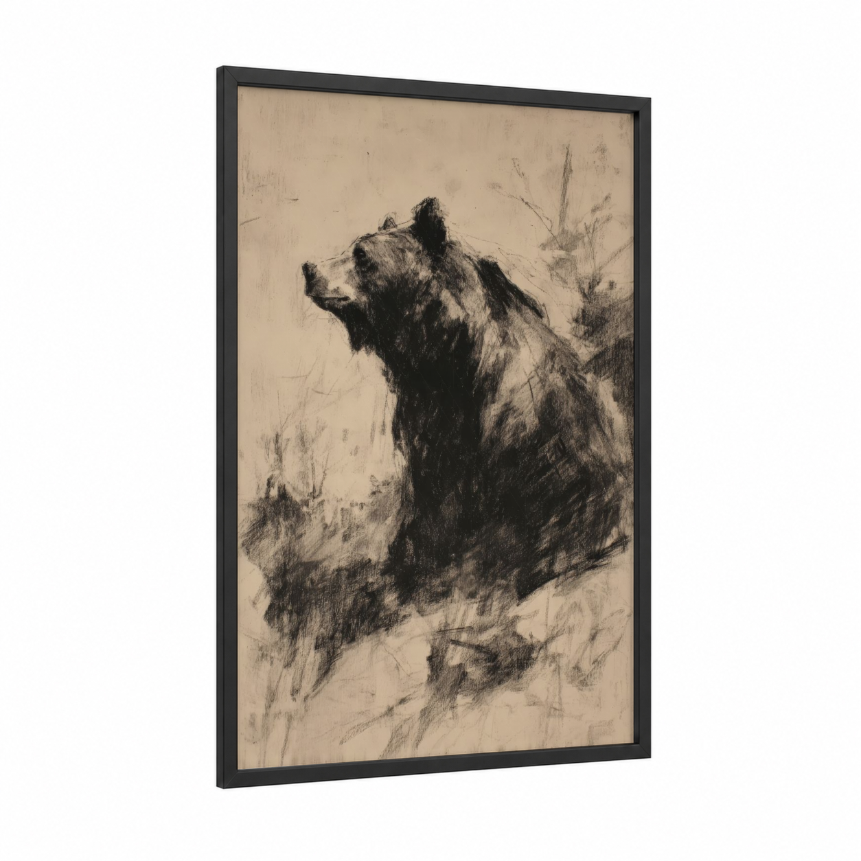 Wilderness Grizzly framed grizzly bear print — black wood frame — black and white and cream palette