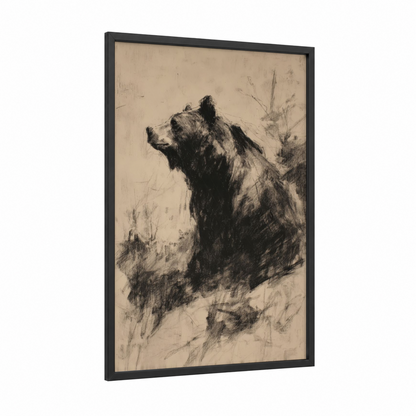 Wilderness Grizzly framed grizzly bear print — black wood frame — black and white and cream palette