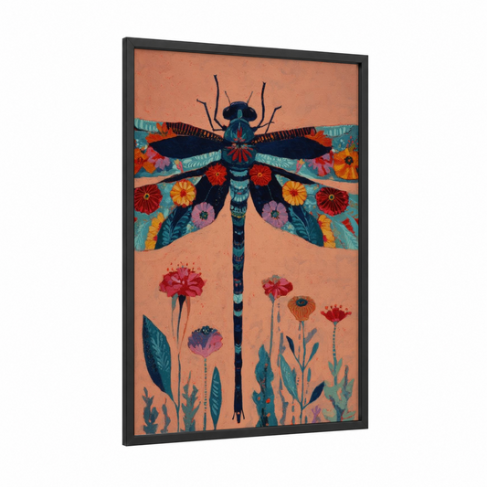 Wildflower Dragonfly framed art print — black wood frame — orange and teal palette