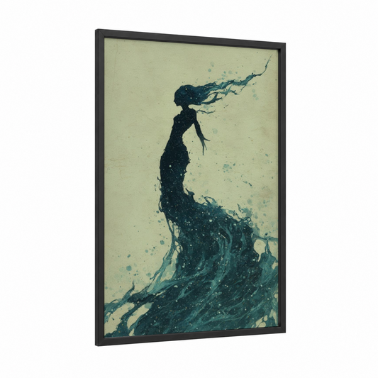 Ethereal Mermaid framed art print — black wood frame — teal and cream palette