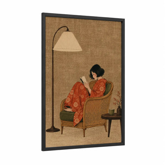 Woman Reading by Lamplight Wall Art framed art print — black wood frame — beige and russet palette