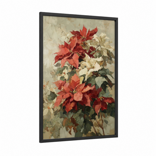 Festive Poinsettias framed art print — black wood frame — red and cream palette