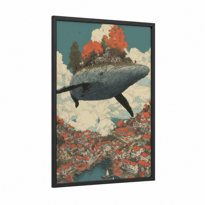 Floating Whale Village framed gray whale print — black wood frame — teal and cream palette