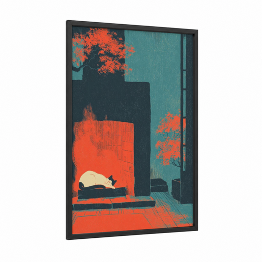 Cozy Fireplace Cat framed art print — black wood frame — red and teal palette