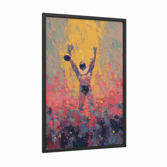 Victory Stance framed wrestling print — black wood frame — gold and pink palette