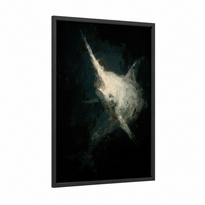 Ethereal Narwhal framed art print — black wood frame — dark blue and black palette