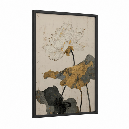 Vintage Lotus framed art print — black wood frame — cream and olive palette