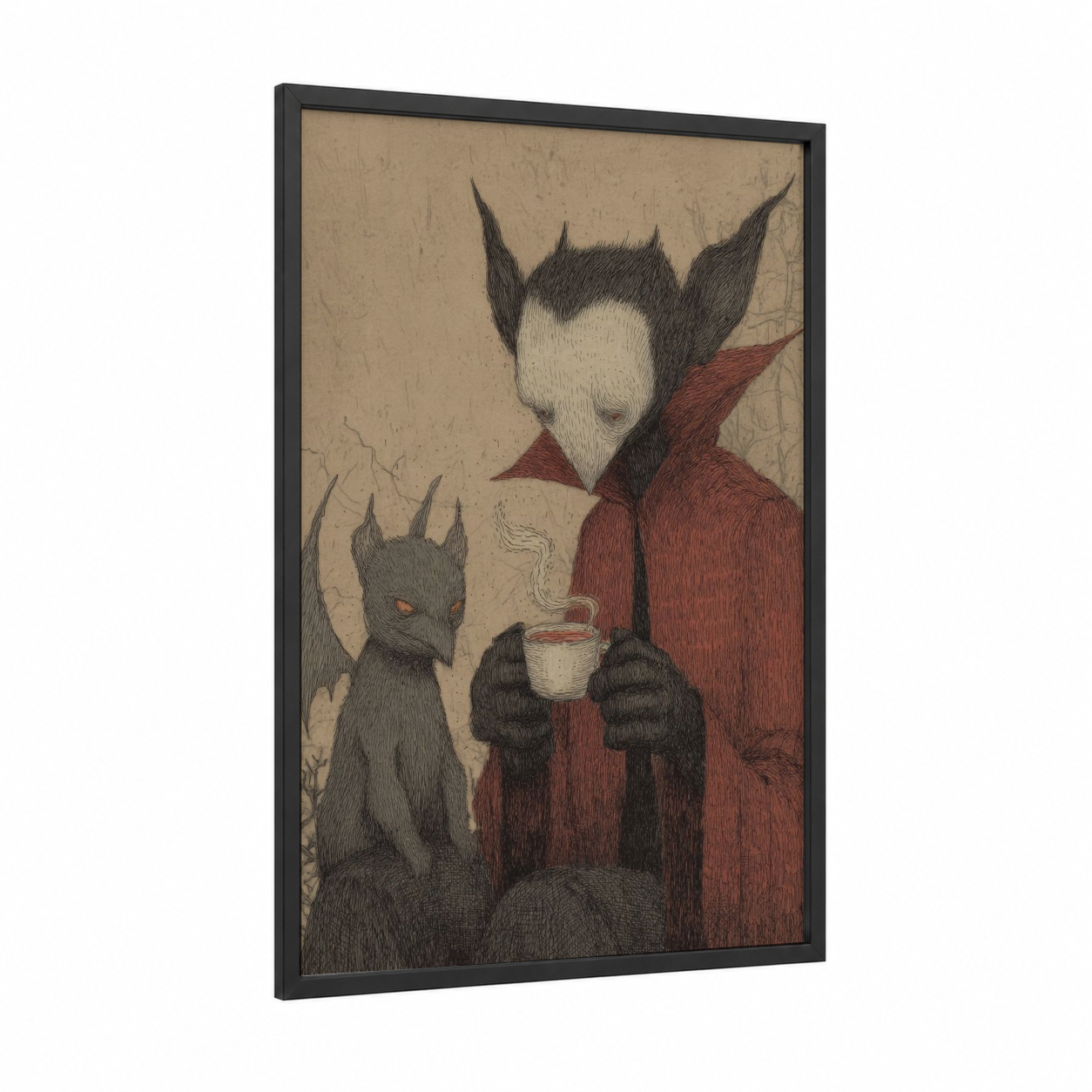 Crimson Vampire framed art print — black wood frame — maroon and black palette