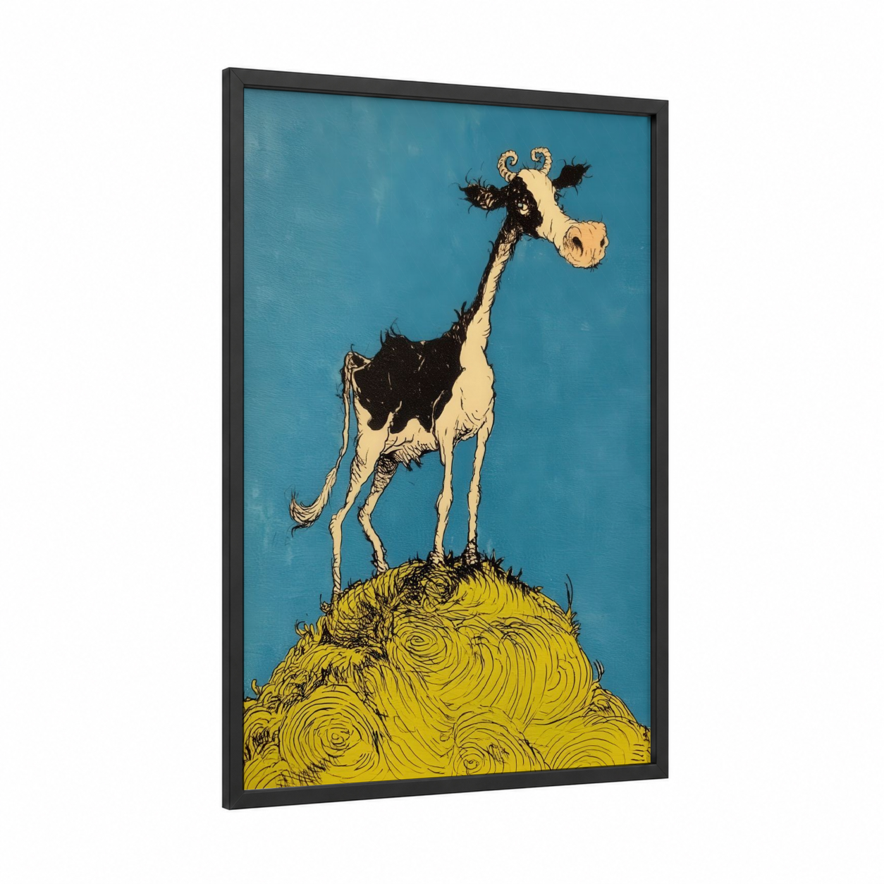 Whimsical Jersey Cow framed art print — black wood frame — blue and yellow gold palette