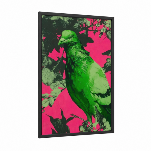Neon Pigeon framed art print — black wood frame — lime green and magenta palette