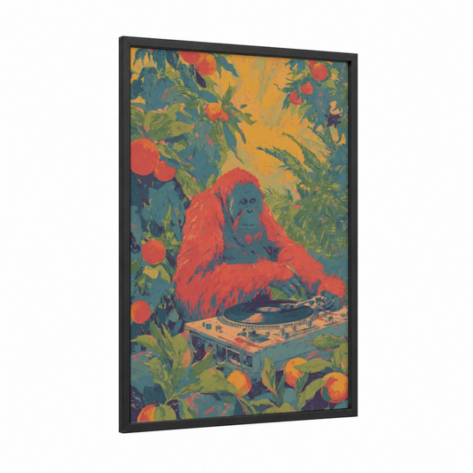 DJ Orangutan framed art print — black wood frame — red and gold palette