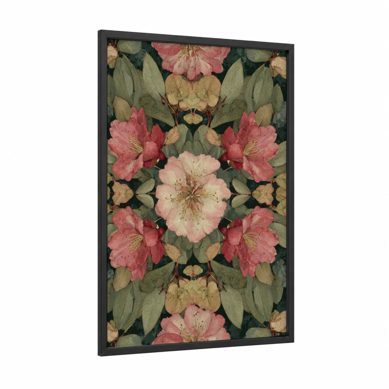 Symmetrical Orchid Garden framed art print — black wood frame — pink and dark green palette