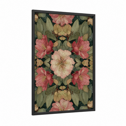 Symmetrical Orchid Garden framed art print — black wood frame — pink and dark green palette