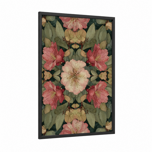 Symmetrical Orchid Garden framed art print — black wood frame — pink and dark green palette