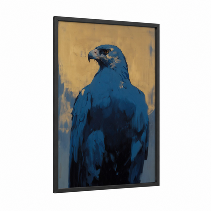 Azure Eagle Portrait framed art print — black wood frame — blue and gold palette