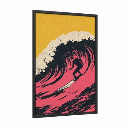 Pink Wave Surfer framed water surfing print — black wood frame — yellow gold and magenta palette