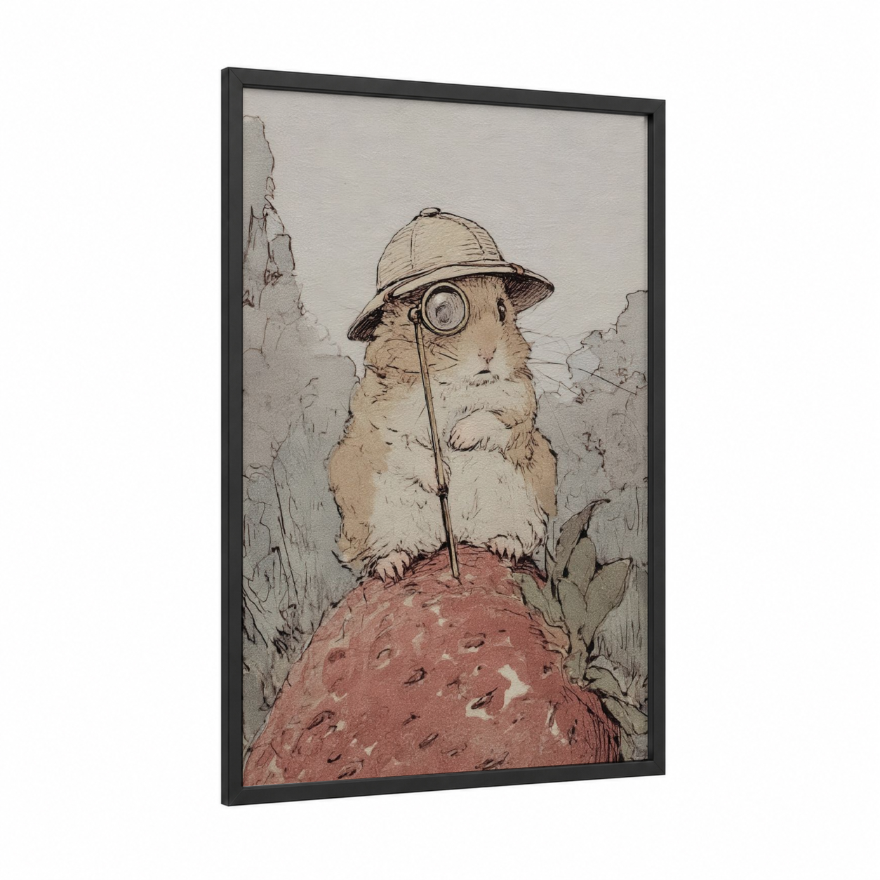 Explorer Hamster framed art print — black wood frame — beige and russet palette