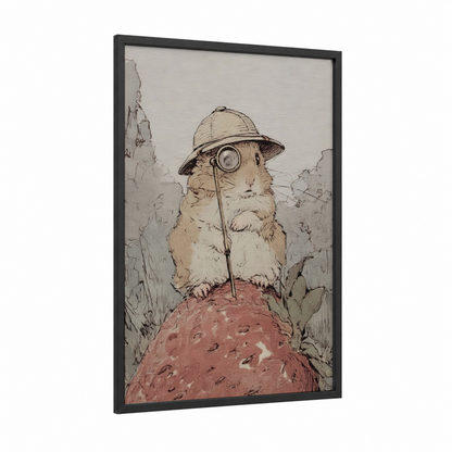 Explorer Hamster framed art print — black wood frame — beige and russet palette