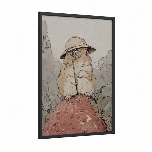 Explorer Hamster framed art print — black wood frame — beige and russet palette