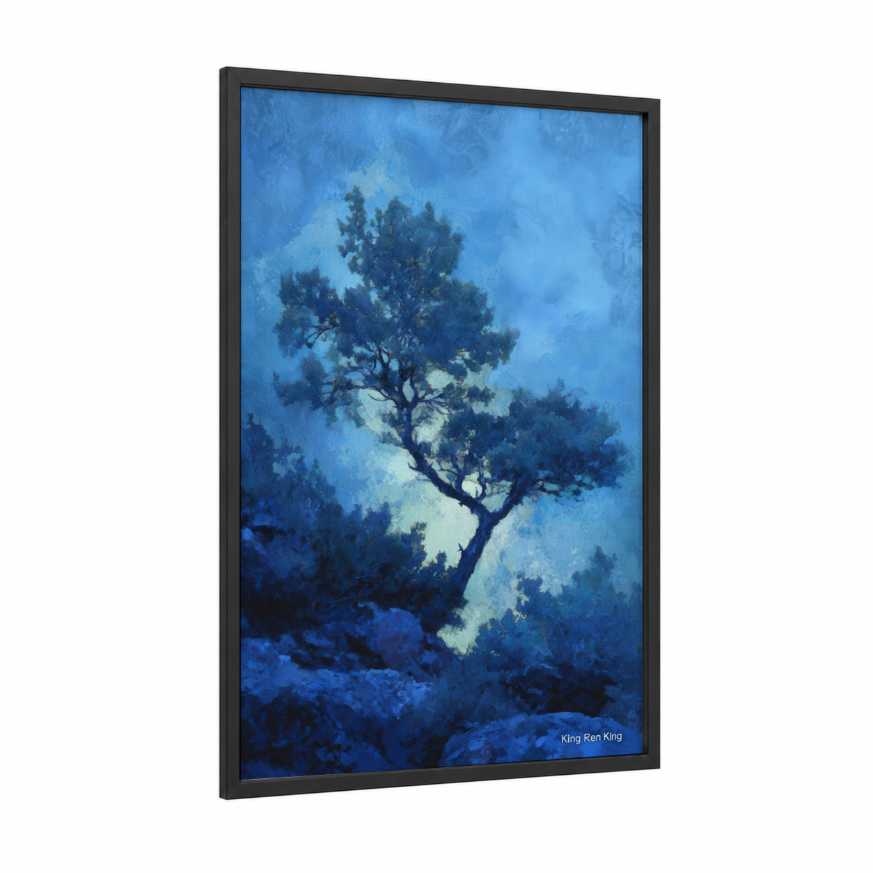Misty Juniper framed juniper tree print — black wood frame — blue and white palette