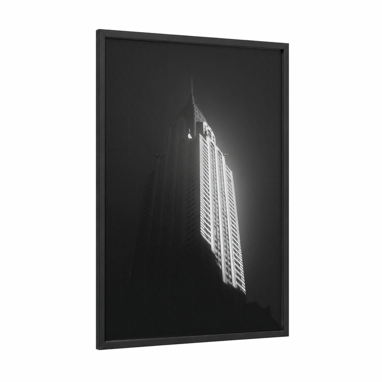 Chrysler Nocturne framed monuments print — black wood frame — black and white and gray palette