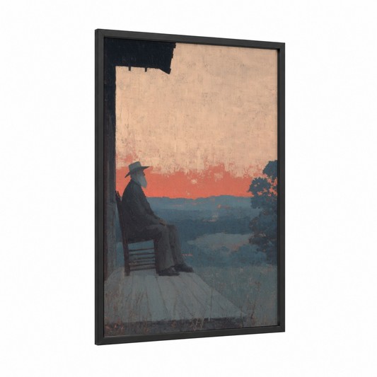 Sunset Vigil framed veterans day print — black wood frame — red and dark blue palette