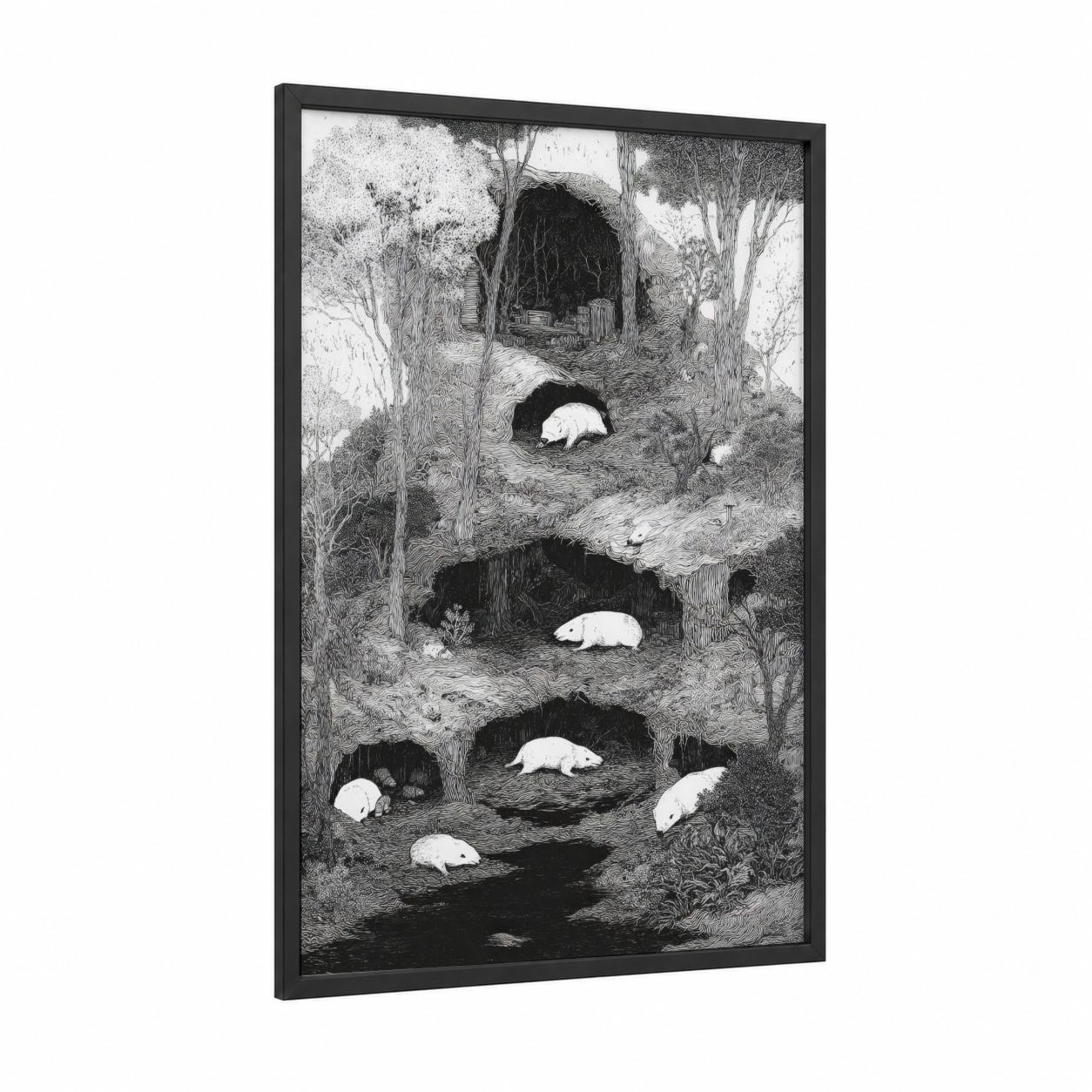 Burrow Wombats framed art print — black wood frame — black and white palette
