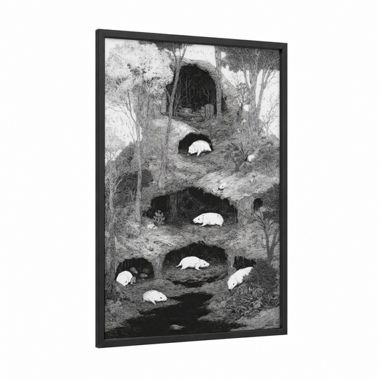 Burrow Wombats framed art print — black wood frame — black and white palette
