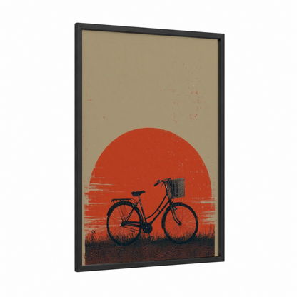 Sunset Bicycle framed urban bicycle print — black wood frame — red and beige palette