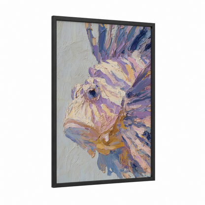 Majestic Lionfish framed art print — black wood frame — lavender and gold palette
