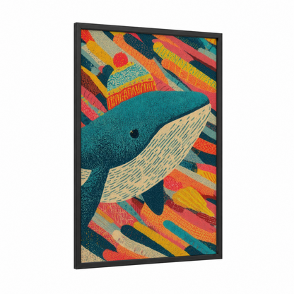 Vibrant Blue Whale framed art print — black wood frame — teal and orange palette