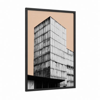 Brutalist Tower framed abstract architecture print — black wood frame — black and white and beige palette