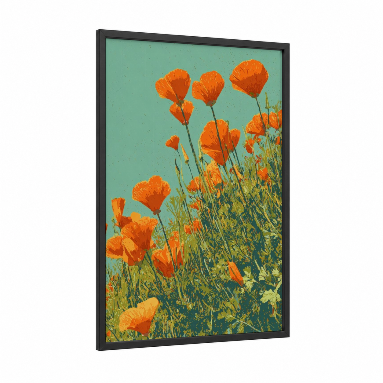 Golden Poppy Field framed flower field print — black wood frame — orange and turquoise palette