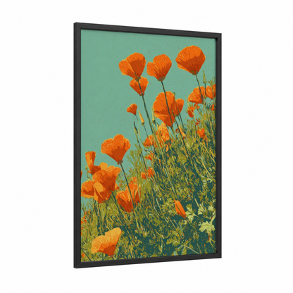 Golden Poppy Field framed flower field print — black wood frame — orange and turquoise palette