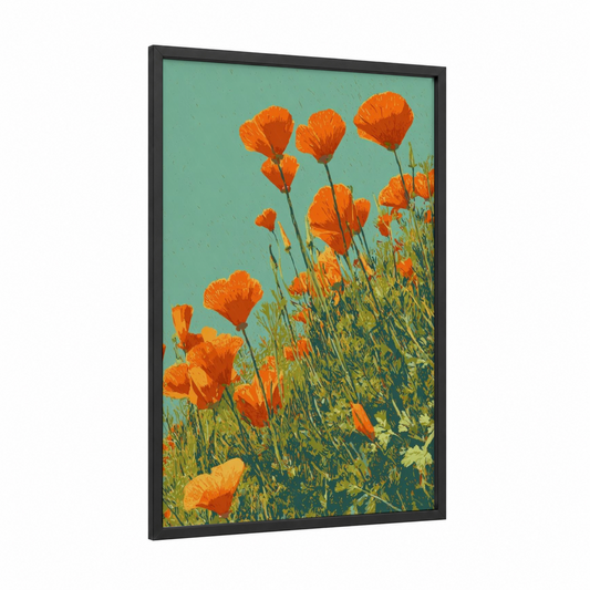Golden Poppy Field framed flower field print — black wood frame — orange and turquoise palette
