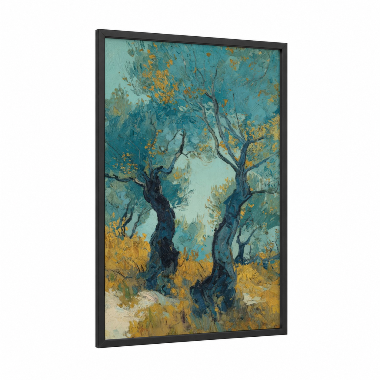 Golden Olive Grove framed olive tree print — black wood frame — gold and teal palette