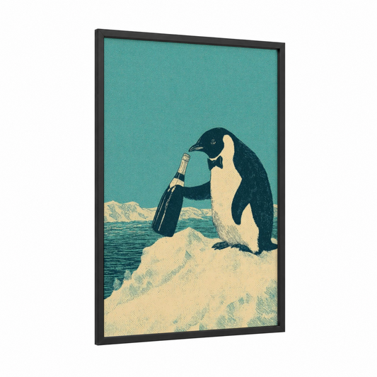 Champagne Penguin framed new years eve print — black wood frame — turquoise and cream palette