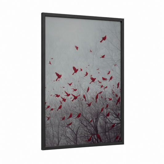 Crimson Flight framed cardinal print — black wood frame — red and gray palette