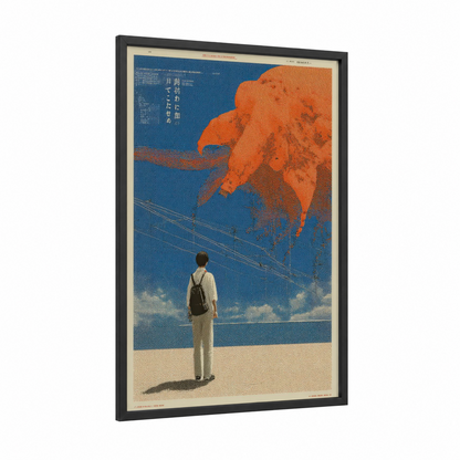 Kaiju Beach Dream framed japanese y2k print — black wood frame — blue and orange palette
