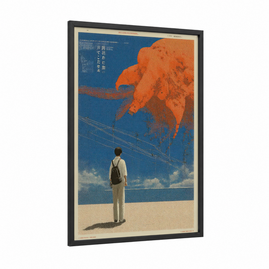 Kaiju Beach Dream framed japanese y2k print — black wood frame — blue and orange palette