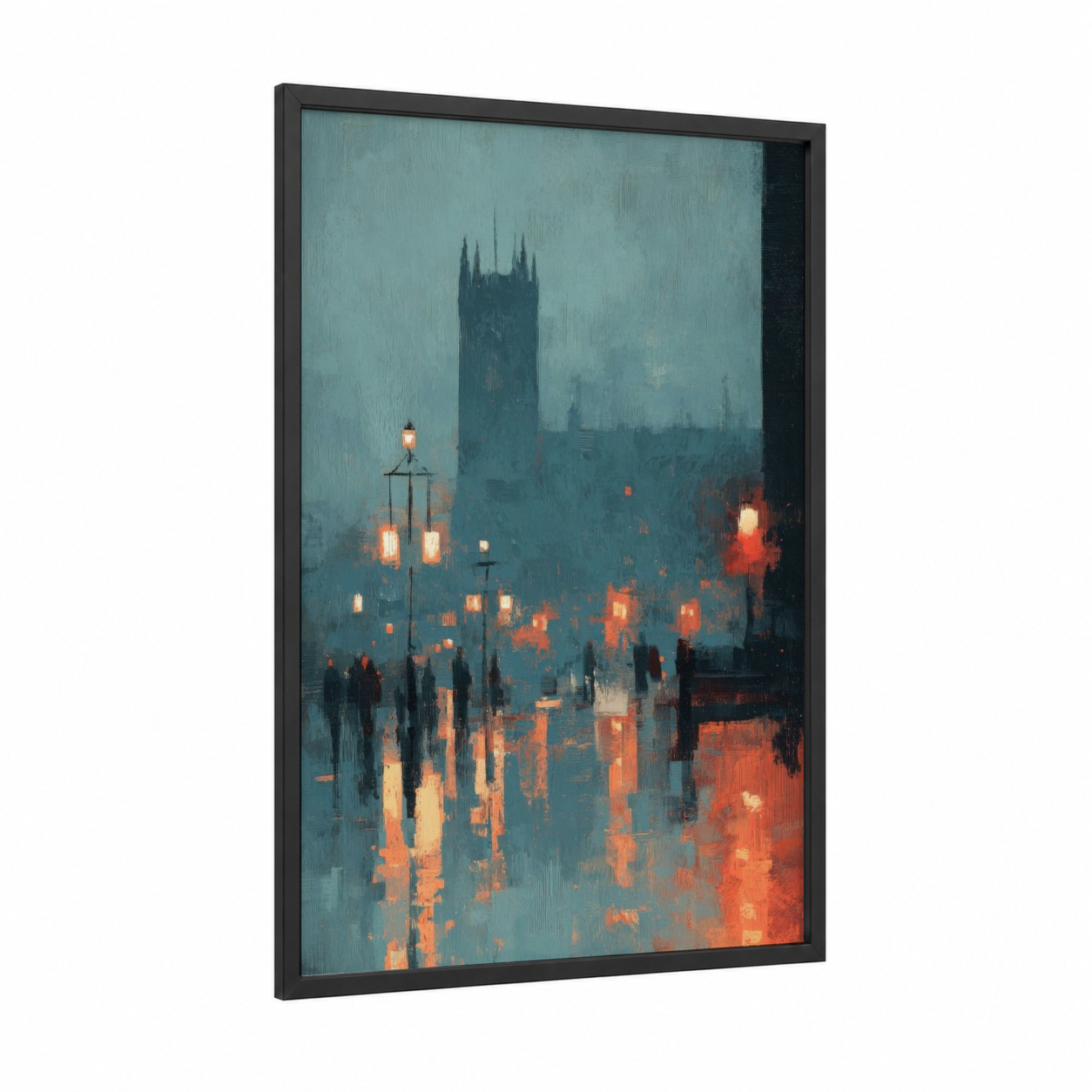 Misty Cathedral Evening framed art print — black wood frame — dove gray and orange palette