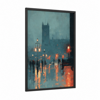 Misty Cathedral Evening framed art print — black wood frame — dove gray and orange palette