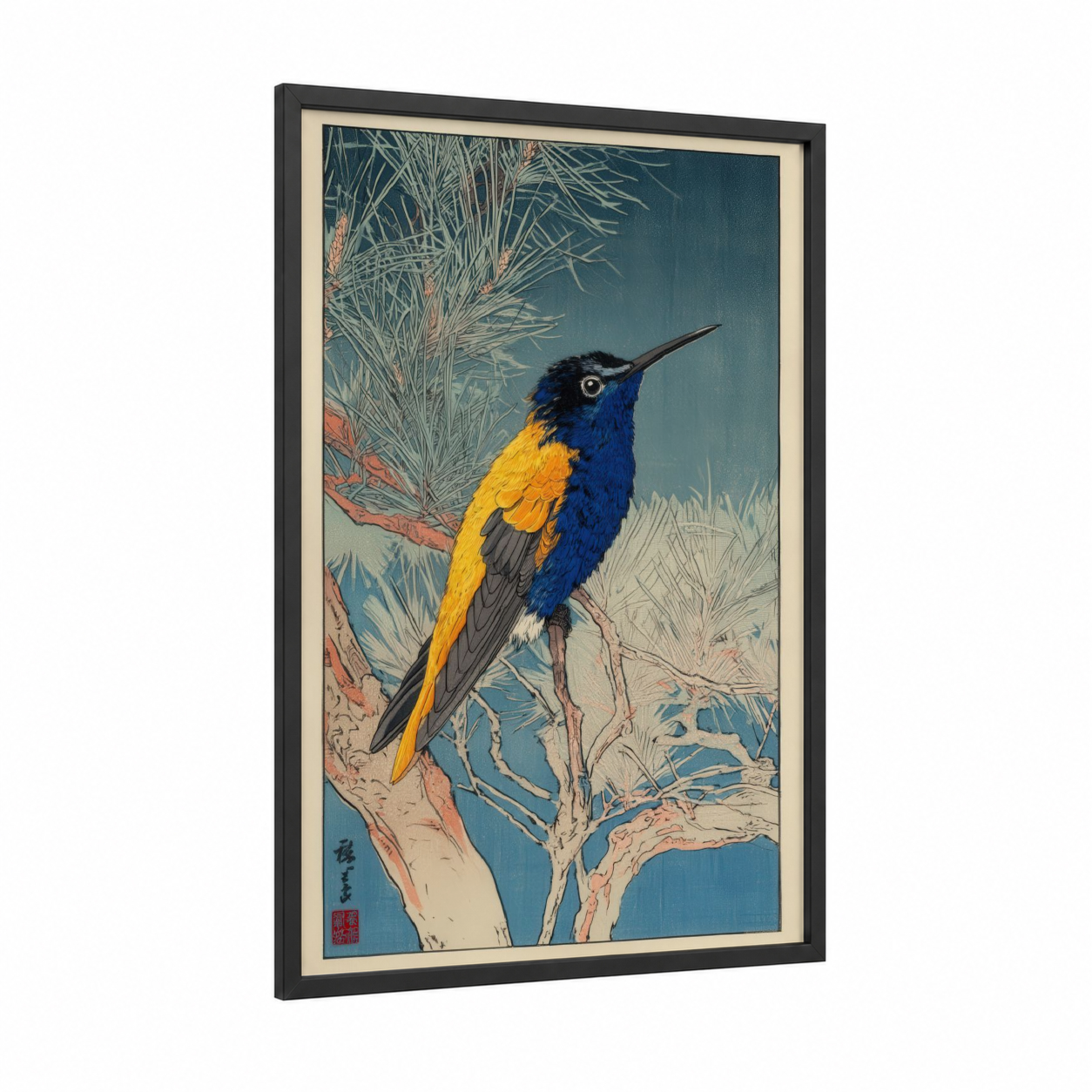 Blue Hummingbird framed art print — black wood frame — dark blue and gold palette