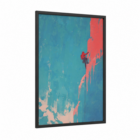 Summit Ascent framed ice climbing print — black wood frame — blue and red palette