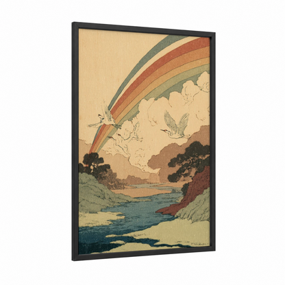 Rainbow River Landscape framed art print — black wood frame — cream and sage green palette
