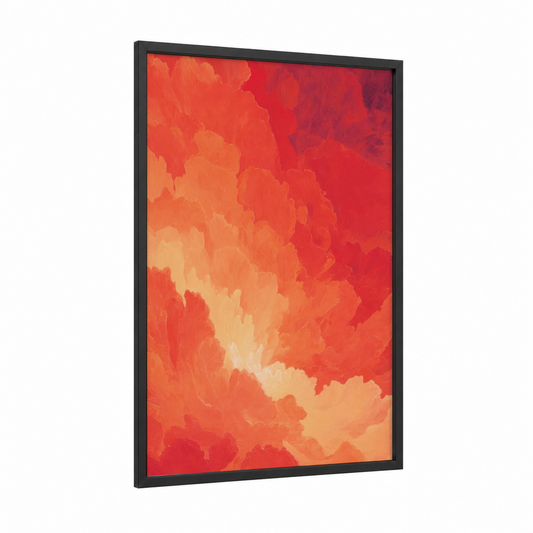 Crimson Supernova framed art print — black wood frame — red and orange palette
