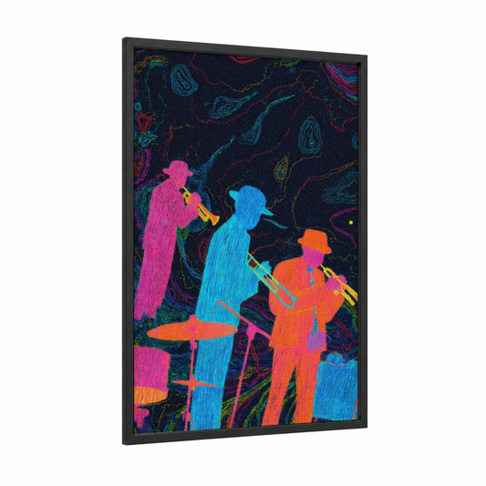 Neon Jazz Trio framed art print — black wood frame — magenta and blue palette