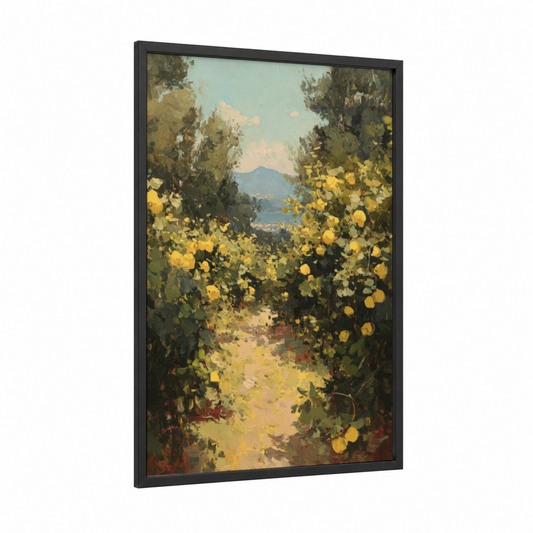 Golden Garden Path framed summer print — black wood frame — yellow gold and blue and green palette