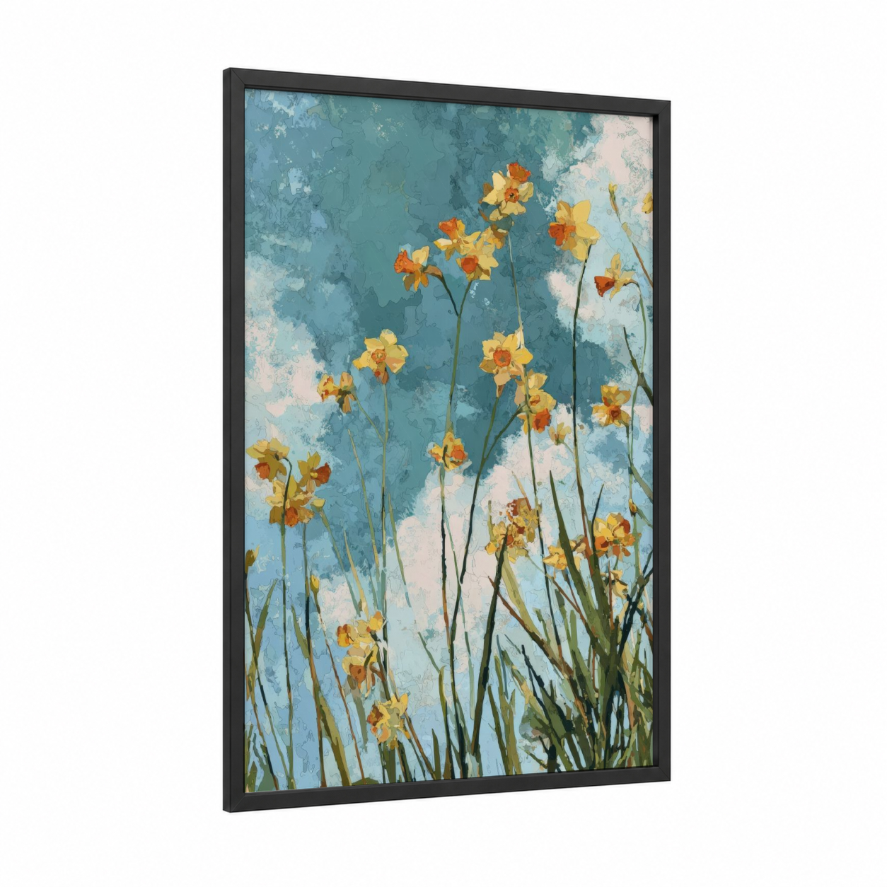 Spring Daffodils framed art print — black wood frame — blue and yellow gold palette